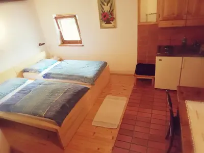 a bedroom with two beds and a small kitchen at Guest House Turistična kmetija Plaznik in Ljubno