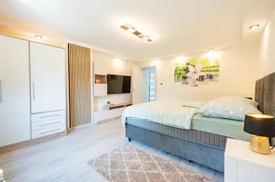 a bedroom with a bed and a tv at Apartments Lian in Bled