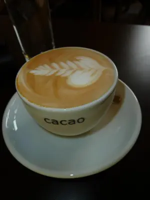a cup of caeco coffee sitting on a plate at Cacao Rooms in Ljubljana