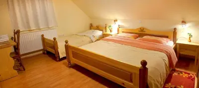 a bedroom with two twin beds and a desk at Farm Pri Flandru in Cerkno