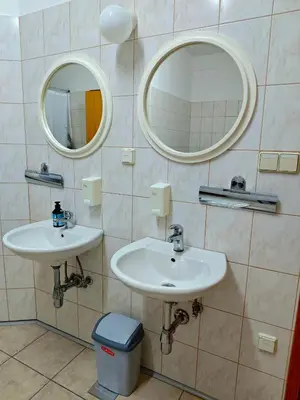 a bathroom with two sinks and two mirrors at Soba Amaris bianco in Benedikt v Slovenskih Goricah