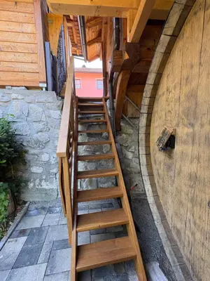 a ladder leading up to a room in a wooden building at Glamping Medvedjek - Nočitev v vinskem sodu in Velika Loka