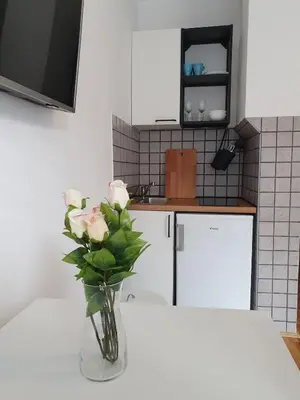a vase of roses sitting on a table in a kitchen at Sweet Vibes Studio at Šiška district, with Parking in Ljubljana