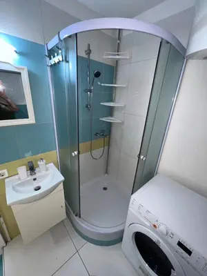 a bathroom with a shower and a sink and a washing machine at Cosy Corner Vič in Ljubljana