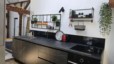 a kitchen with a black counter top and a sink at Funky Stylish Penthouse in Ljubljana
