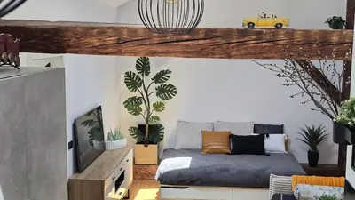 a living room with a bed and a tv at Funky Stylish Penthouse in Ljubljana