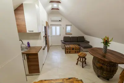 a kitchen and a living room with a couch and a table at APARTMA Viktor in Ormoz