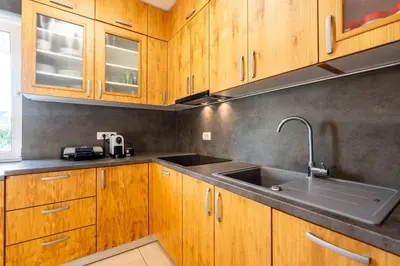 a kitchen with wooden cabinets and a sink at Villa Aqua in Moravske Toplice