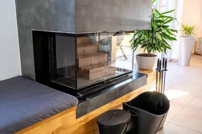 a fireplace in a living room with a couch and plants at Villa Aqua in Moravske Toplice
