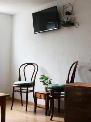 a room with two chairs and a tv on a wall at Vineyard cottage Ranč pri Hanzeku in Zgornji Leskovec