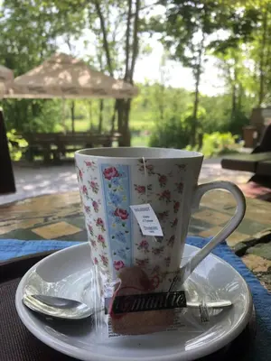 a coffee cup sitting on a plate on a table at Kamp Jankovic in Gorenjcj