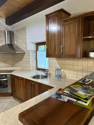 a kitchen with wooden cabinets and a sink at Karol-ina Estate in Branik