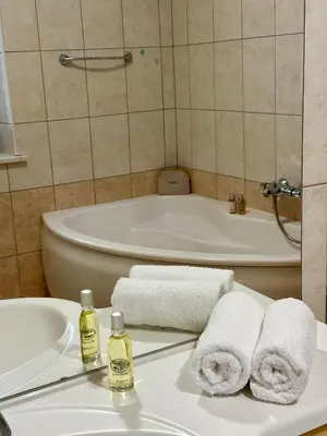 a bathroom with a tub and a sink with towels at Karol-ina Estate in Branik
