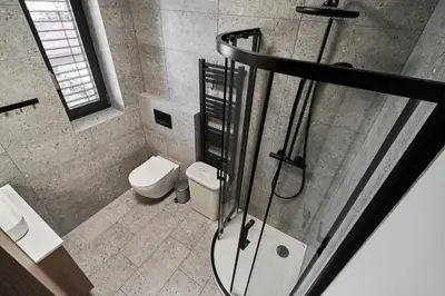 a bathroom with a shower and a toilet at Alpine View Premium in Komenda