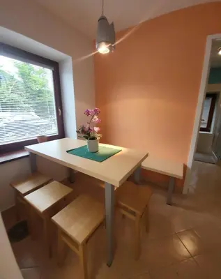 a dining room table and bench with a plant on it at Caissa - Spacious house in quiet location in Tolmin