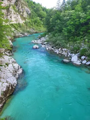 an aerial view of a river with blue water at Caissa - Spacious house in quiet location in Tolmin