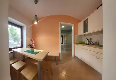 a kitchen with a white table and a counter top at Caissa - Spacious house in quiet location in Tolmin