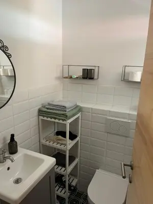 a white bathroom with a sink and a toilet at Apartma Grahor in Selnica ob Dravi