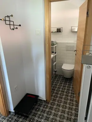 a small bathroom with a toilet and a door at Apartma Grahor in Selnica ob Dravi