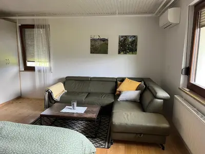 a living room with a couch and a table at Apartma Grahor in Selnica ob Dravi