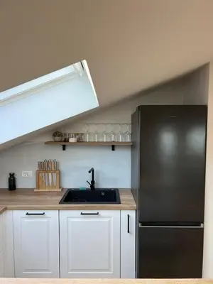 a kitchen with a black refrigerator and a sink at Charming Alpine Apartment with Sauna in Kobarid