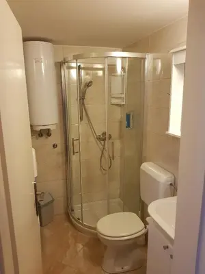 a bathroom with a shower and a toilet and a sink at Penzion Pr' Betel in Jesenice