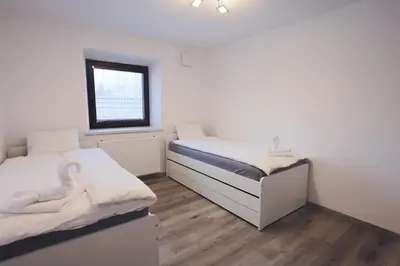 a bedroom with two beds and a window at M&M apartma in Bohinj