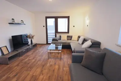 a living room with a couch and a tv at M&M apartma in Bohinj