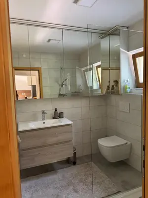 a bathroom with a sink and a toilet and a mirror at Cozy Mountain Stay near Kranjska Gora in Gozd Martuljek
