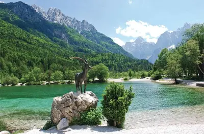 a statue of a giraffe on a rock next to a river at Cozy Mountain Stay near Kranjska Gora in Gozd Martuljek