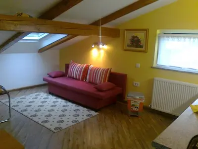 a living room with a purple couch and a rug at Apartma 