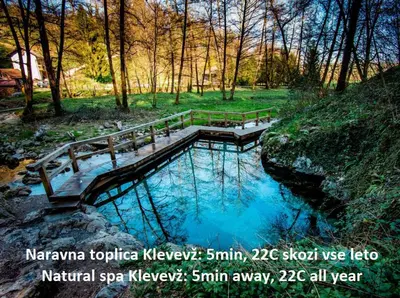 a pool of blue water with a bench in a park at Holiday home in Trebelno - Dolenjska & Bela krajina (Unter- & Weißkrain) 54728 in Trebelno