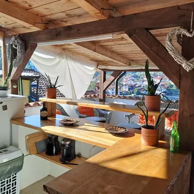 a kitchen with wooden tables and potted plants at Hiša Gadiča in Tolmin