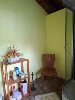 a bathroom with a toilet and a chair at Hiša Gadiča in Tolmin