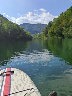 a view from the back of a boat on a river at Hiša Gadiča in Tolmin