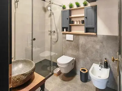 a bathroom with a shower and a toilet and a sink at Apartmaji Remsova in Maribor