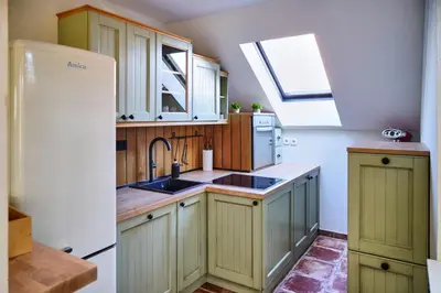 a kitchen with green cabinets and a sink and a window at Apartmaji Remsova in Maribor