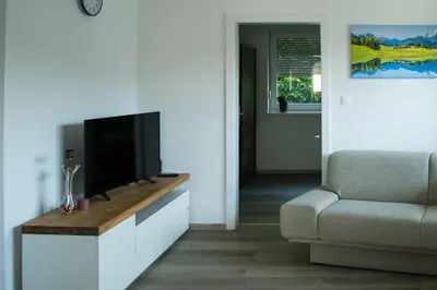 a living room with a television and a couch at Apartma LONČAR in Horjul
