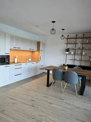 a kitchen with a wooden table and two chairs at Parzival relax Apartment in Žetale