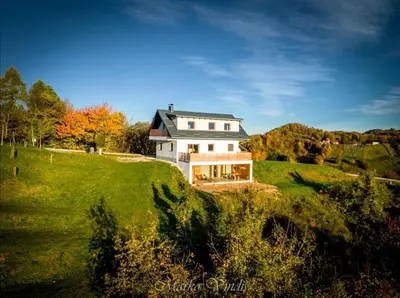 a large white house on a hill with green grass at Parzival relax Apartment in Žetale