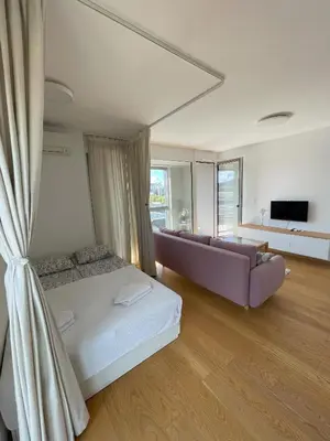 a large room with a couch and a large room with a television at Apartment LEON in Ljubljana