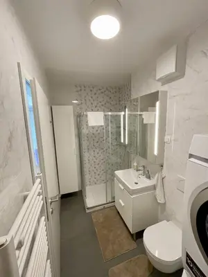 a bathroom with a toilet and a shower and a sink at Apartment LEON in Ljubljana