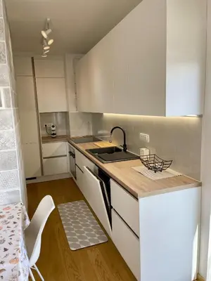 a small kitchen with a sink and a counter at Apartment LEON in Ljubljana