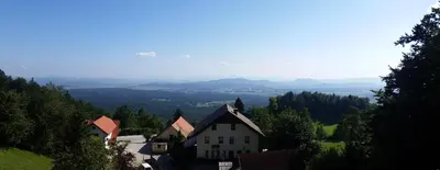 a house on a hill with a view of a valley at Turizem Pavlin Apartments in Šenturska Gora