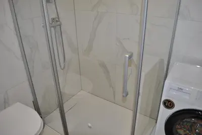 a shower stall with a toilet and a washing machine at Prenočišča Dany APARTMA 1 in Dravograd