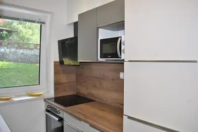 a kitchen with a refrigerator and a microwave at Prenočišča Dany APARTMA 1 in Dravograd