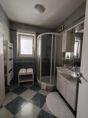 a bathroom with a shower and a sink at Apartment Green Oasis in Bled
