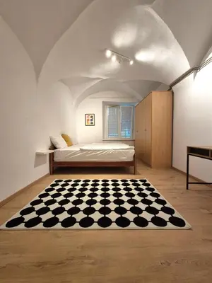 a bedroom with a bed and a checkered rug at Walter Apartment City Center in Ljubljana