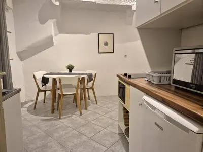a kitchen with a table and chairs in a room at Walter Apartment City Center in Ljubljana