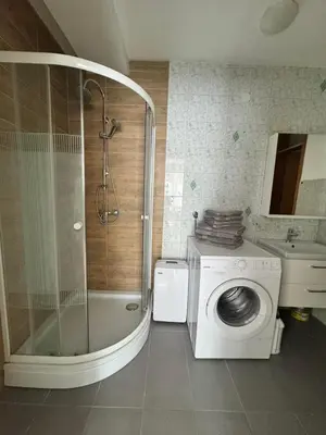 a bathroom with a shower and a washing machine at Apartments Klavdija Celje in Celje